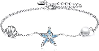 Spring Ring Clasp Starfish Anklet with Rolo Chain & Pearl Accent for Women - Sterling Silver Boho Beach-Themed Jewelry Gifts by VONALA