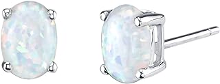 Peora 14K White Gold Created Fire White Opal Earrings for Women, Classic Solitaire Studs, 7x5mm Oval Shape, 1 Carat total, Friction Back