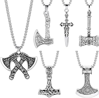 Stainless Steel Viking Necklace with Lobster Clasp, Norse Amulet Pendants for Men and Boys, Featuring Thor's Hammer, Arrowhead Axe Sword Designs