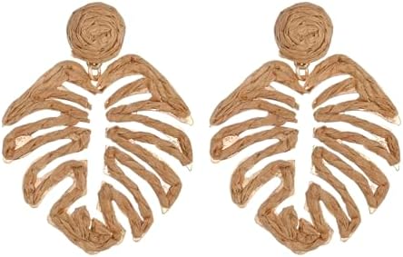 Raffia Palm Leaf Earrings, Raffia Straw Wrapped Monstera Drop Dangle Earrings Summer Tropical Beach Jewelry