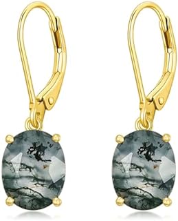 Gold Leverback Earrings 14k Real Gold Natural Moss Agate/Moissanite Drop Dangle Earrings,Women Her Jewelry Mothers Day Birthday Gifts