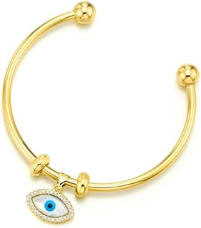COOLSTEELANDBEYOND Evil Eye Gold Color Ball Cuff Bangle Bracelet, Elastic Adjustable, for Women, Polished