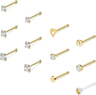 ZS 12Pcs 20G Nose Studs Rings - Surgical Steel L Shape Nose Bone Nose Screw CZ Nostril Piercing Jewelry for Women