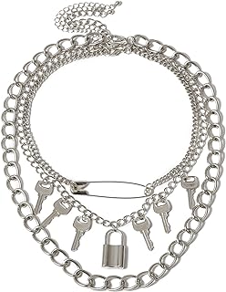 3-5Pcs Punk Layered Key Lock Chunky Chain Choker Necklace Set Gothic Stacking Safety Pin Spike Rivet Collar Necklace for Men Women Boy Girl Hip Hop Rock Cool Adjustable Bar Party Jewelry