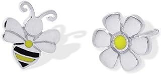 Silver Bee & Flower Mismatched Stud Earrings with Push Back, Unique & Elegant Accessory from Boma Jewelry