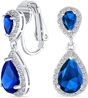 Vintage Style Bridal Cubic Zirconia Simulated Gemstone AAA CZ Halo Dangle Teardrop Chandelier Clip On Earrings For Women Silver Rose Gold Plated in Black Purple Blue Red Rose Pink Green Clear