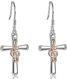 0.15 Ct Round Cut Created Diamond & Musical Note Cross Dangle Earrings, 14k Two-Tone Gold & 925 Sterling Silver, Screw Back Stud Design for Elegant Style Enthusiasts
