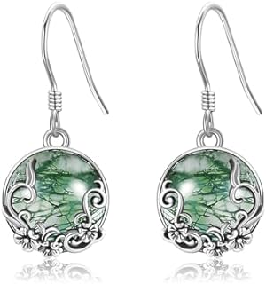 URONE Moss Agate Earrings 925 Sterling Silver Moss Agate Dangle Drop Earrings Green Gemstone Earrings Moss Agate Jewelry Gifts For Women