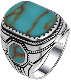 Classic Simulated Turquoise Men's Wedding Ring in Solid 925 Sterling Silver for Stylish Grooms & Gents, Modern Design