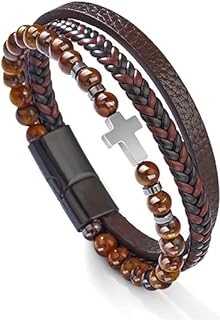 Leather Bead Bracelet, Mens Multilayer Braided Bracelet Bead with Tiger-Eye Lava Rock Beaded Stone, Magnetic Clasp Steel Men Cuff Bangle, Punk Cowhide Braided bangle, Cuff Wristband for Men