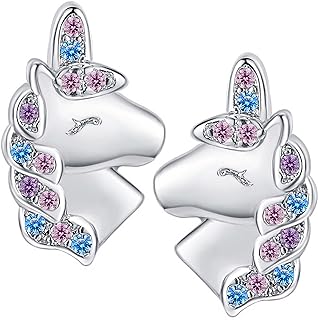 Clip-On White Gold Plated Unicorn Stud Earrings with Cubic Zirconia for Women and Girls in Hypoallergenic Sterling Silver