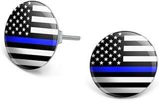 High-Quality Silver Plated Stud Earrings with Secure Push Back, American Thin Blue Line Design for Patriotic Individuals | Novelty Daily Wear