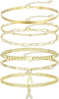 6 Pcs Gold Initial Bracelets Set for Women Girls Trendy, 14K Real Gold Plated Stackable Chain Bracelets Adjustable, Dainty Stretch Beaded Letter Bracelet for Gifts
