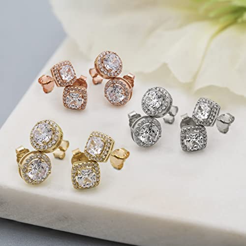 Lesa Michele 925 Sterling Silver Cushion & Round Shaped Cubic Zirconia Halo Stud Earrings for Women 2 Pair Earring Set