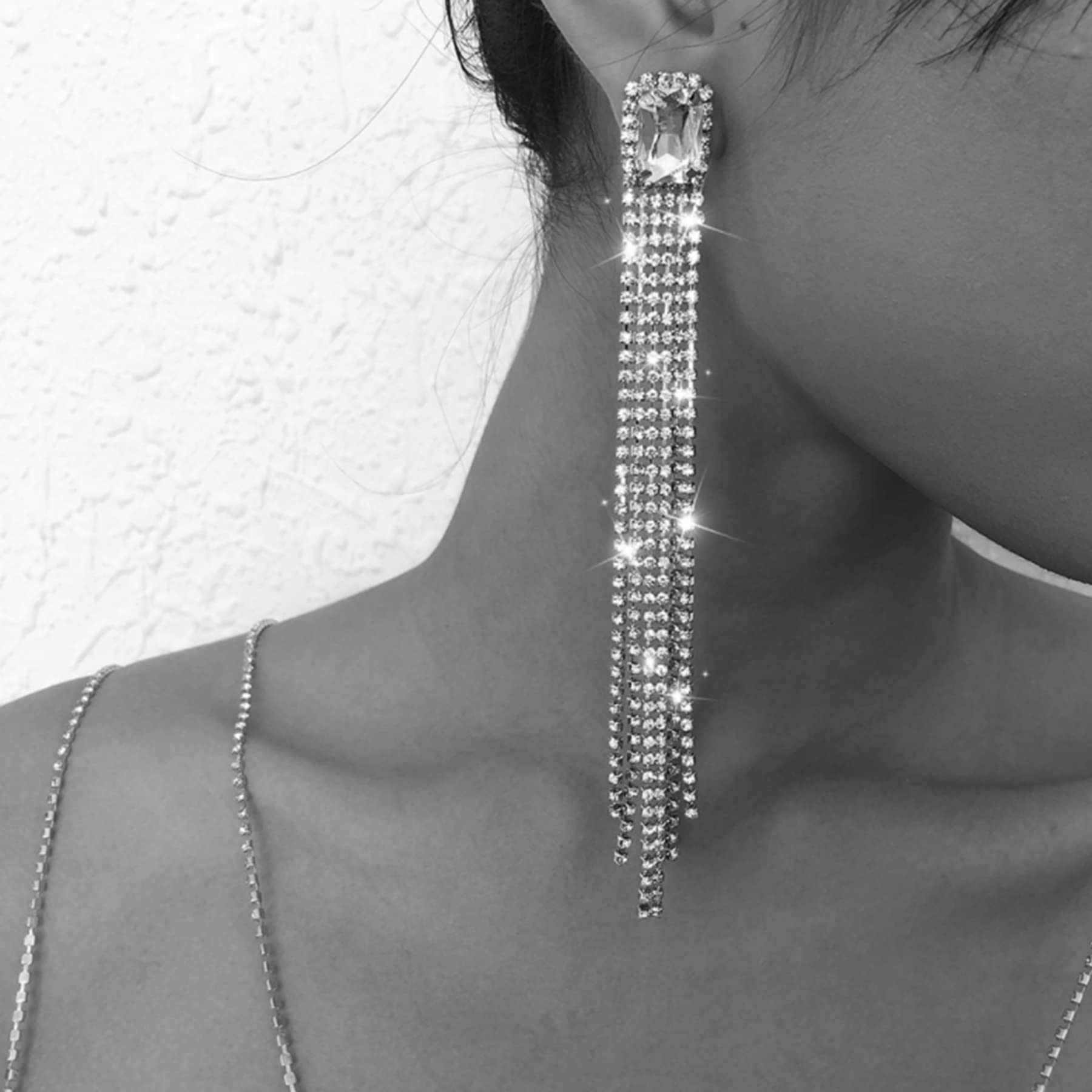 Xerling Long Rhinestones Tassel Earrings Bridal Chandelier Fringe Bohemian Earrings for Women Sparkling Crystal Dangle Drop Earrings for Girls