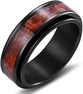 8mm Stainless Steel Spinner Wedding Ring - Black/Blue/Silver Carbon Fiber with Nature-themed Blue Wood Inlay Design, Hypoallergenic, Comfort Fit