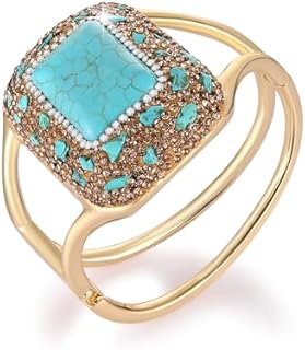 Large Turquoise and Cubic Zirconia Cuff Bracelet for Women, Box Chain, by HZMAN - Open Hinge Design & Gold Plated Brass