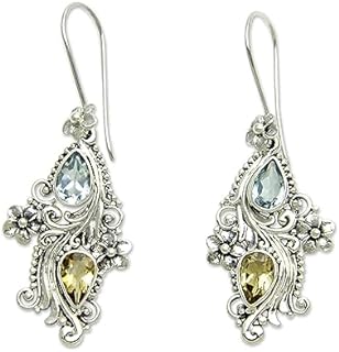 NOVICA Artisan Handmade Blue Topaz Citrine Dangle Earrings Balinese Sterling Silver Yellow Indonesia Floral Birthstone [2.3 in L x 0.8 in W x 0.2 in D] ' Plumeria Dew'