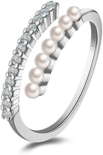 925 Sterling Silver Pearl Ring for Women Girl Cubic Zirconia Wedding Band Stackable Open Ring Engagement Ring Anniversary Jewelry Gift for Her