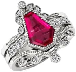 Vintage 3.00 CT Coffin Shaped Red Ruby Engagement Ring Set Antique Red Gemstone Ring Set 18k Gold Ruby Wedding Ring Set Art Deco Bridal Rings Set