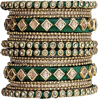 Traditional Indian Box-Chain Bangle Bracelet Set for Women and Girls - Handcrafted with Silk Thread & Crystal Adornments