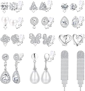 12 Pairs Clip On Earrings For Women Girls Non Pierced Cubic Zirconia Pearl Crystal Rhinestone Silver Gold Stud Dangle Fashion Clip Earring Set
