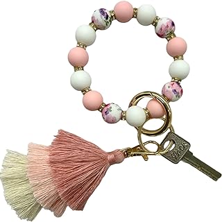 Silicone Bead Keychain Bracelet,Women's House Car Key Ring Bracelet Wristlet Key chain with Tassel