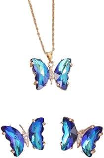 Pearl Drop Necklace and Earring Set with Lobster Clasp, COLORFUL BLING Crystal Butterfly Pendant & Tassel Dangle Earrings, Resin and Zinc Material for Women, Butterfly Shape Design