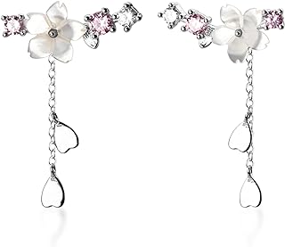 Reffeer Solid 925 Sterling Silver CZ Flower Crawler Earrings Wrap for Women Teen Girls Dainty Flower Climber Earrings Cuff Dangle Chain