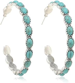 Vintage Faux Turquoise Hoop Earrings Boho Beaded Western Silver Round Dangle Earrings 80s Cowgirl Statement Earrings Turquoise Jewelry for Women Girls