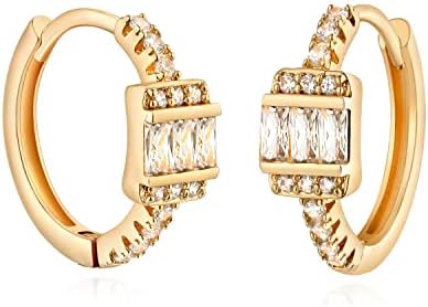 MYEARS Women Diamond Earrings Gold Huggie Hoop Baguette Cluster Cubic Zirconia Sleeper 14K Gold Filled Small Simple Handmade Hypoallergenic Everyday Jewelry