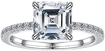 SMILEST Asscher Cut Moissanite Rings for Women, 1.0 Carat D Color VVS1 Clarity Lab Created Diamond Wedding Rings 18K White Gold Plated Solid 925 Sterling Silver Moissanite Side Stone Ring for Women
