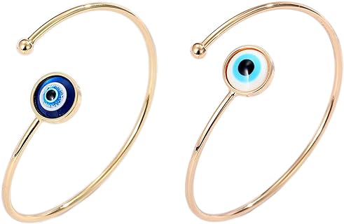 Lucky Turkish Evil Eye Alloy Bangle Bracelet Set, Adjustable No-Clasp Design, 2PCS Protection Jewelry