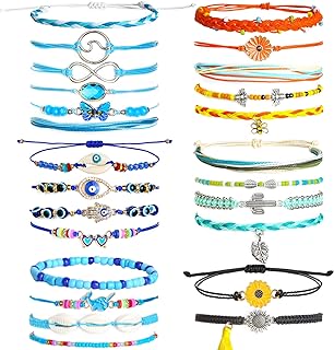 PAXCOO Set of 25 Surfer Wave Bracelets Ocean Wave Adjustable Waterproof Handmade Bracelet Summer Sunflower Bracelets Anklets Jewelry for Women Teen Girls