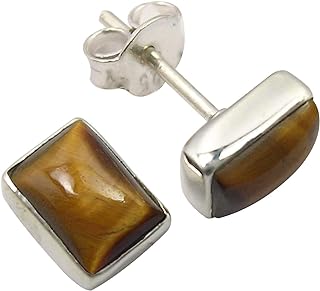 SilverStarJewel Solid Sterling Silver 5 x 7 mm Tiger's Eye Earrings 0.8 cm Gems Gift