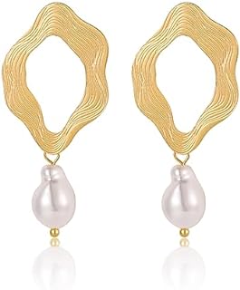 Pearl Earrings for Women 14K Gold Plated Drop Dangling Hoop Earrings for Bridal, Bridesmaids, Wedding, Valentine's Day Gifts