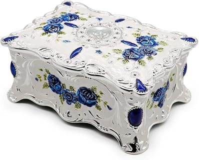 Hipiwe Engraved Antique-Finish Zinc Jewelry Box, Vintage Keepsake Wedding Ring Trinket Chest for Adults, Silver-White Rectangular Design