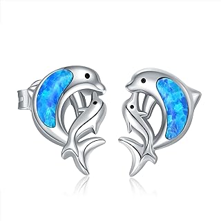 Open-Hinge Sterling Silver Dolphin Stud Earrings with Blue Sapphire, Opal, and Cubic Zirconia Gems in Hoop Design for Women and Girls who love Nautical Themes