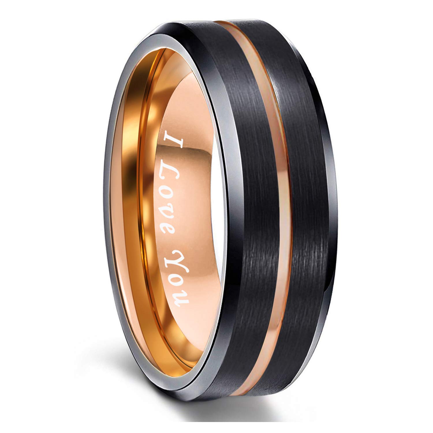 Greenpod Mens Tungsten Ring Wedding Band 6mm 8mm 10mm Engraved I Love You Thin Blue/Rose Gold/Black Centre Groove Comfort Fit Size 6-17