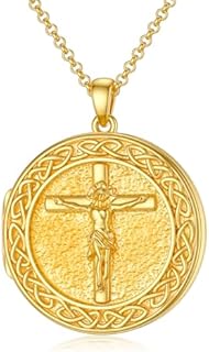 SOULMEET Personalized Large Round Crucifixion Cross Locket Necklace That Holds 2 Pictures Photo Silver/Gold Christianity Cross with Jesus Locket 1 Inch Photo Locket Gift for Woman Men