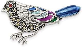34.33mm 925 Sterling Silver Multicolored Enameled Marcasite and Garnet Bird Pin Brooch Jewelry for Women