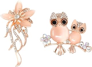 Honbay's Crystal Owl and Flower Designed Brooch Pins with Pin Clasp - 2 Styles in Gemstone and Metal, Fashionable Jewelry for Women