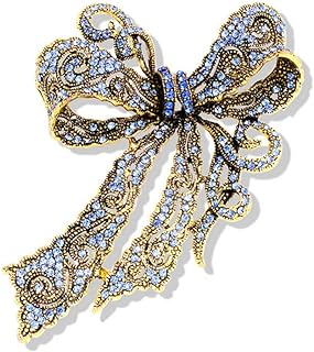 Rhinestone Ribbon Bowknot Brooch Pin for Women Girls Gold Plated Fashion Blue Crystal Big Bow Wedding Brooches Lapel Pins Elegant Dress Accessories Christmas Festival Decoration Jewelry Gift