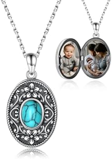 Locket Necklace for Women - Sterling Silver Oval Turquoise Flower Lockets Pendant that Holds Pictures Vintage Jewelry Memorial Gifts for Women Girls