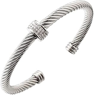 Cable Cuff Bracelets, Stainless Steel Twisted Wire Composite Bracelet Bangles, Adjustable Elegant Antique Jewelry with Rhinestone for Women, Ladies, Girls, Teens, Gift Idea (Silver and gold)