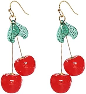 18K Gold Plated Vintage Cherry Charm Dangle Drop Earrings with Green Crystal Leaf Accents for Women