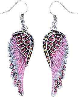 Antique Silver Plated Crystal Dangle Earrings with Angel Wings Design for Women, Hypoallergenic Pierced Backing, Biker Jewelry Inspired