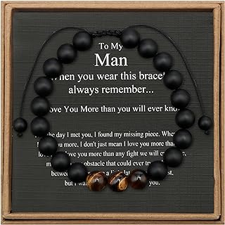 JoycuFF Adjustable Men's Bead Bracelet with No Clasp Type and Box Chain - Stainless Steel Matte Tiger Eye and Black Agate Beads - Ideal Gift for Husband/Boyfriend