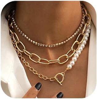 fxmimior Women Multilayer Silver Gold Dainty Pearls Layered Choker Necklaces Handmade Beads Fashion Chunky Pendant Multilayer Adjustable Layering Chain Gold Plated Necklaces Set for Women Girls