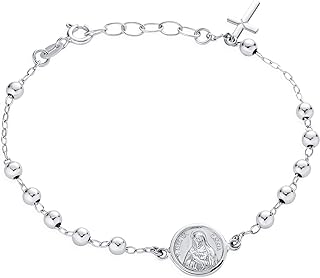 Women's Virgin Mary Charm Bracelet with Bead Chain and Lobster Claw Clasp, Rhodium-Plated Silver, Religious Cross Design - Suitable for Teens, 7-8 inch Adjustable